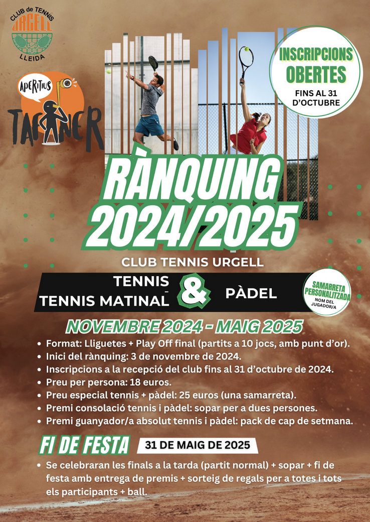 INSCRIPCIONS FINS AL 31 D’OCTUBRE PER AL RÀNQUING 2024/2025 DE TENNIS I PÀDEL