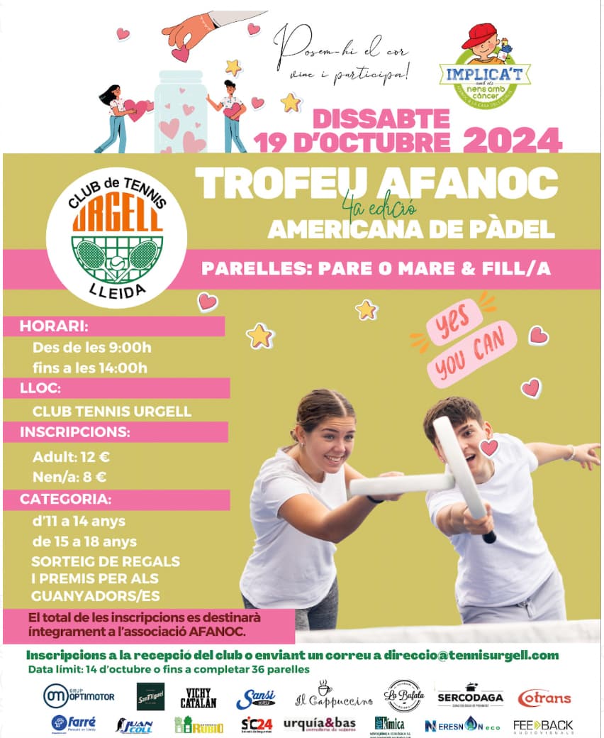 CITA ESPORTIVA I SOLIDÀRIA AMB EL TROFEU AFANOC, EL DISSABTE 19 D’OCTUBRE AL TENNIS URGELL